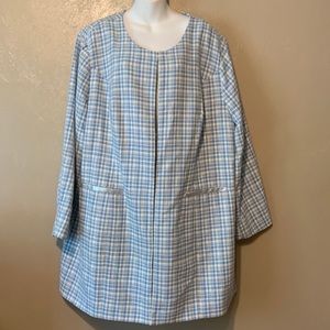 Jessica London size 26W blue plaid tweed coat faux leather silver trim